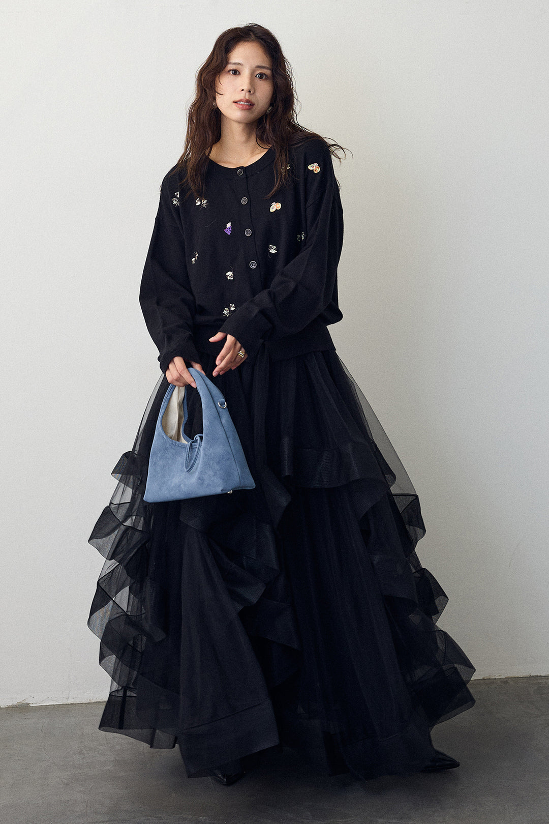 [予約/SET]フルーツフラワー刺繍ニットカーデ+ランダムフリルティアードボリュームスカート(2set)