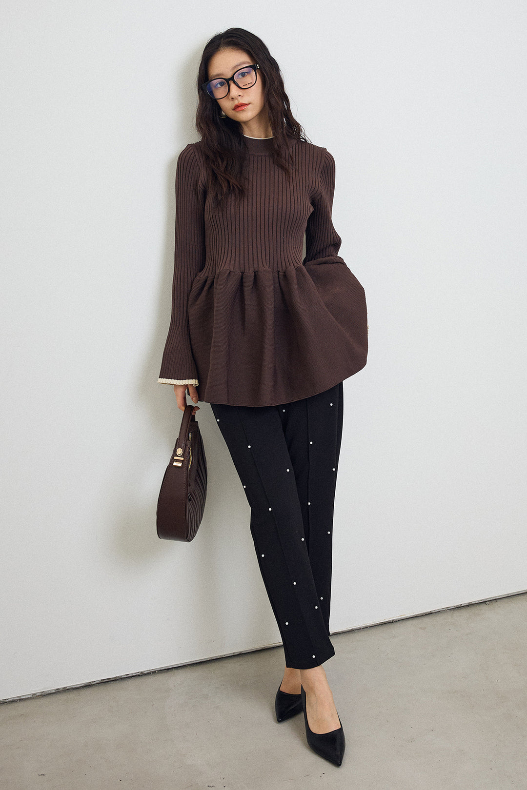 [予約/SET]リブフレア配色スリーブペプラムニット+センターシームランダムパールパンツ(2set)