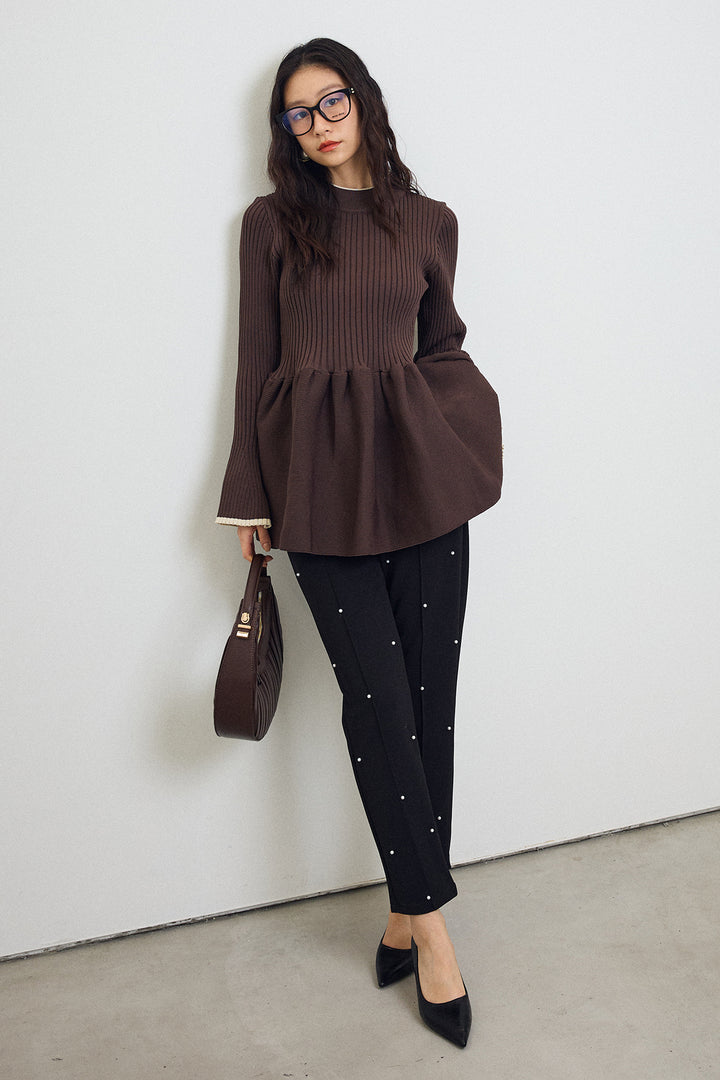 [予約/SET]リブフレア配色スリーブペプラムニット+センターシームランダムパールパンツ(2set)