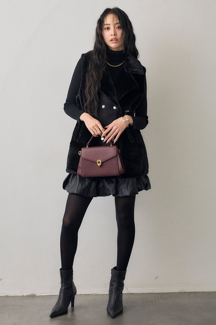 [予約/SET]テディボアウエストドロストベスト+フェイクレザーティアードバルーンミニスカート(2set)