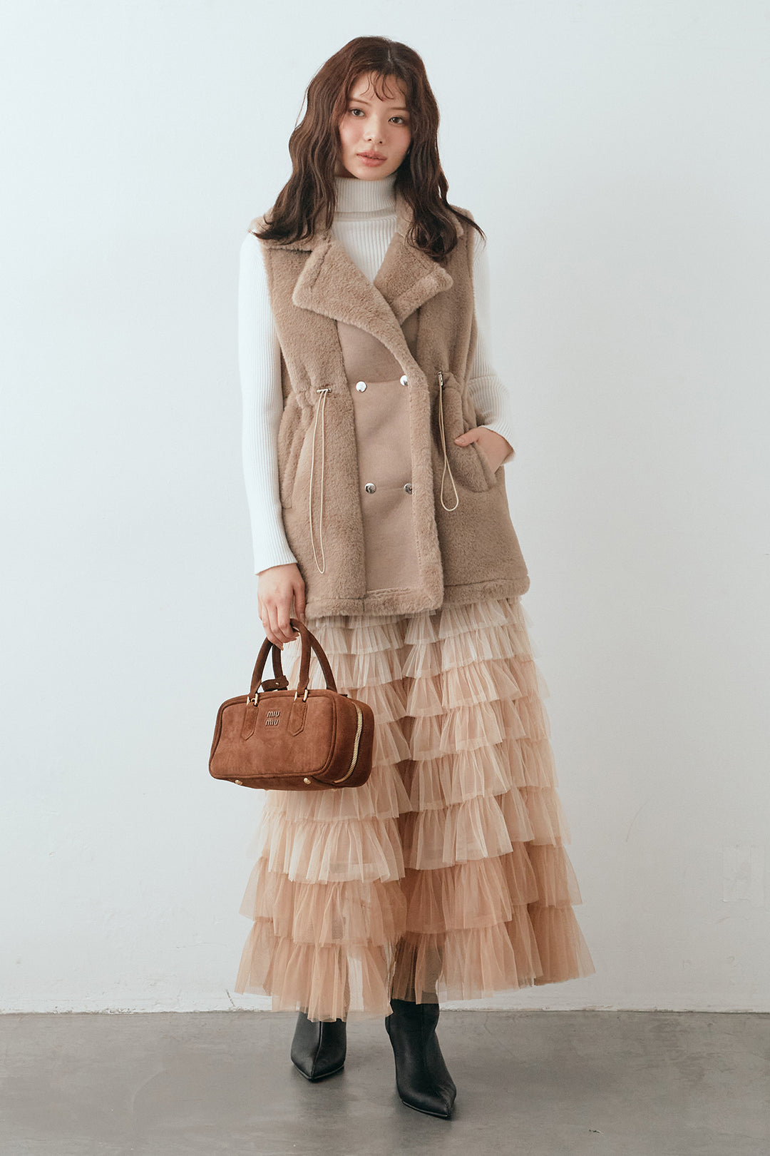 [予約/SET]ベーシックリブタートルニット+テディボアウエストドロストベスト+グラデーションチュールティアードスカート(3set)