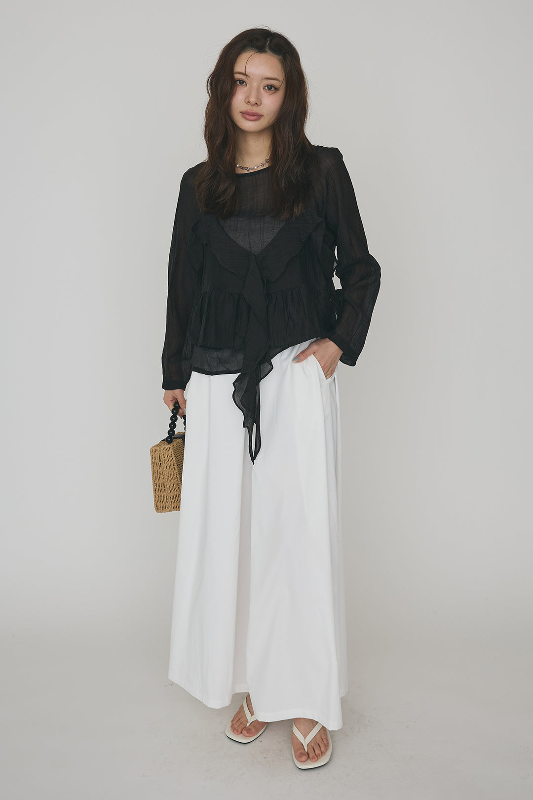 [予約/SET]ドレープフリルシアーレーヤードトップス+フロントサイドタックワイドパンツ(2set)