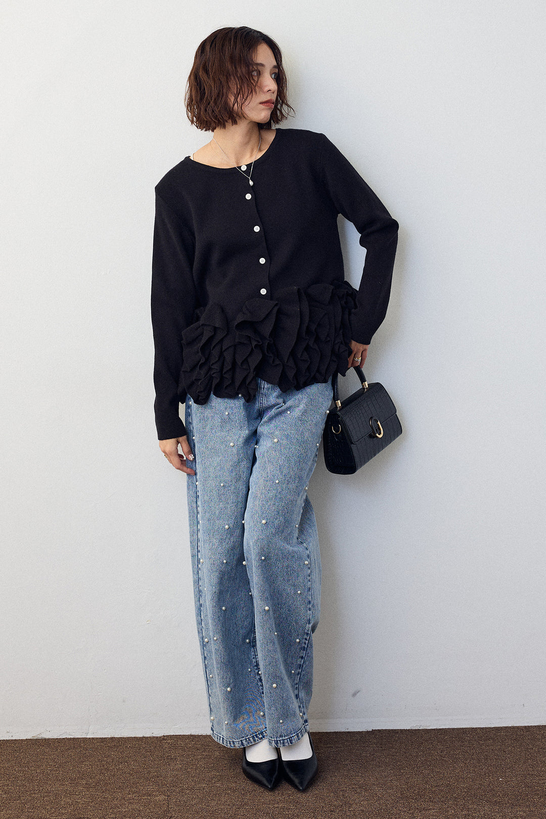 [予約/SET]フリルホイップニットカーディガン+パールスタッズストレートハイウエストデニム(2set)