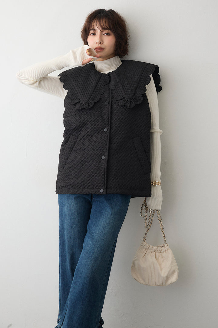 [予約/SET]ベーシックフィンガーホールリブニット+スカラップBIGカラーベスト+フリルヘムデニムパンツ(3set)