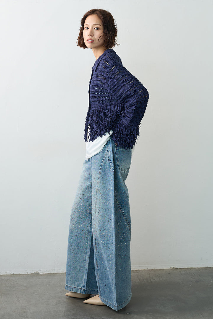 [予約/SET]繊細レースサテンキャミ+メッシュフリンジクロップドニット+スパークルラインストーンカーブデニム(3set)