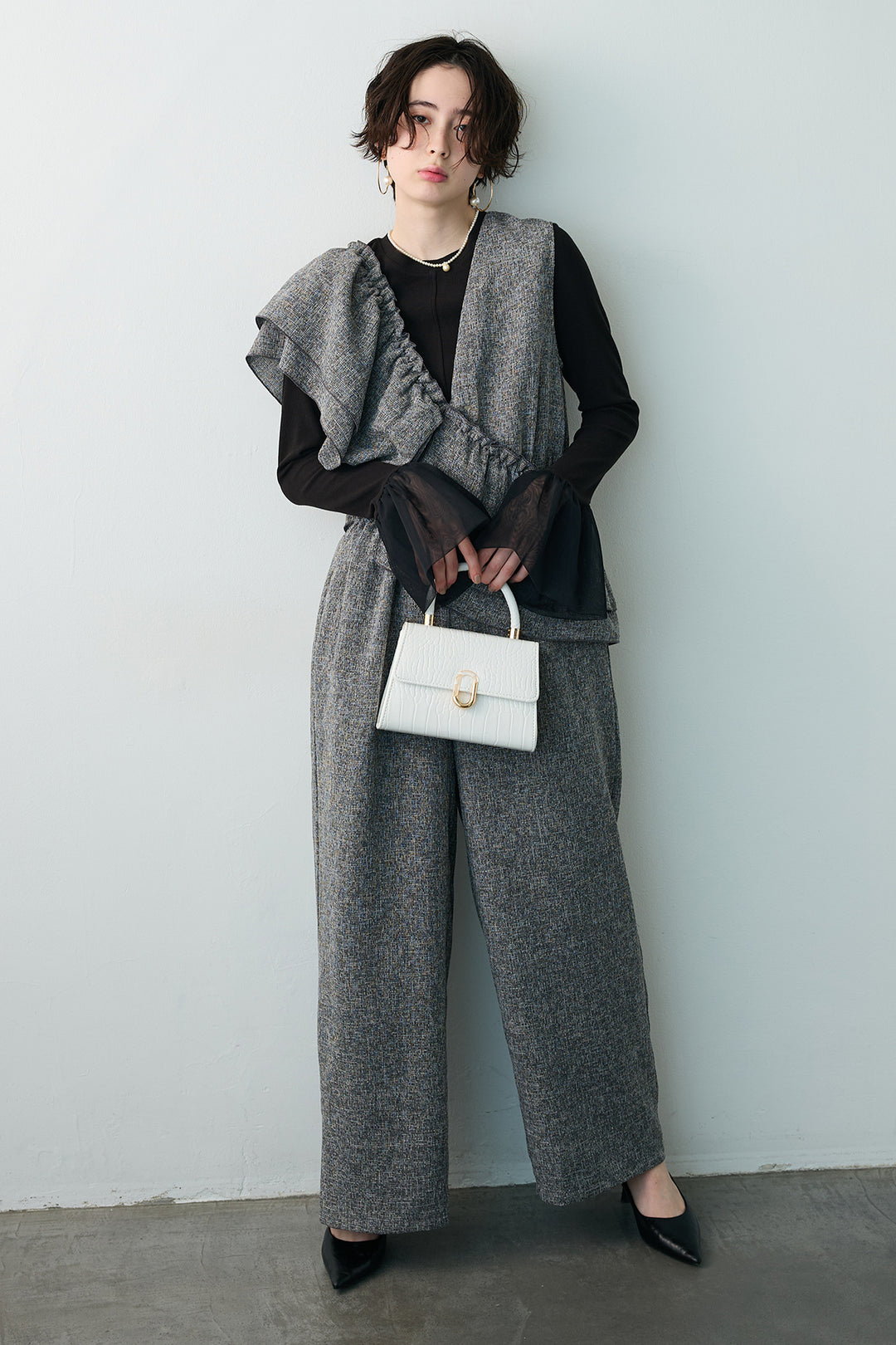 [予約/SET]サイドギャザーフレアチュールカフストップス+サマーツイードマルチウェイロンパース(2set)