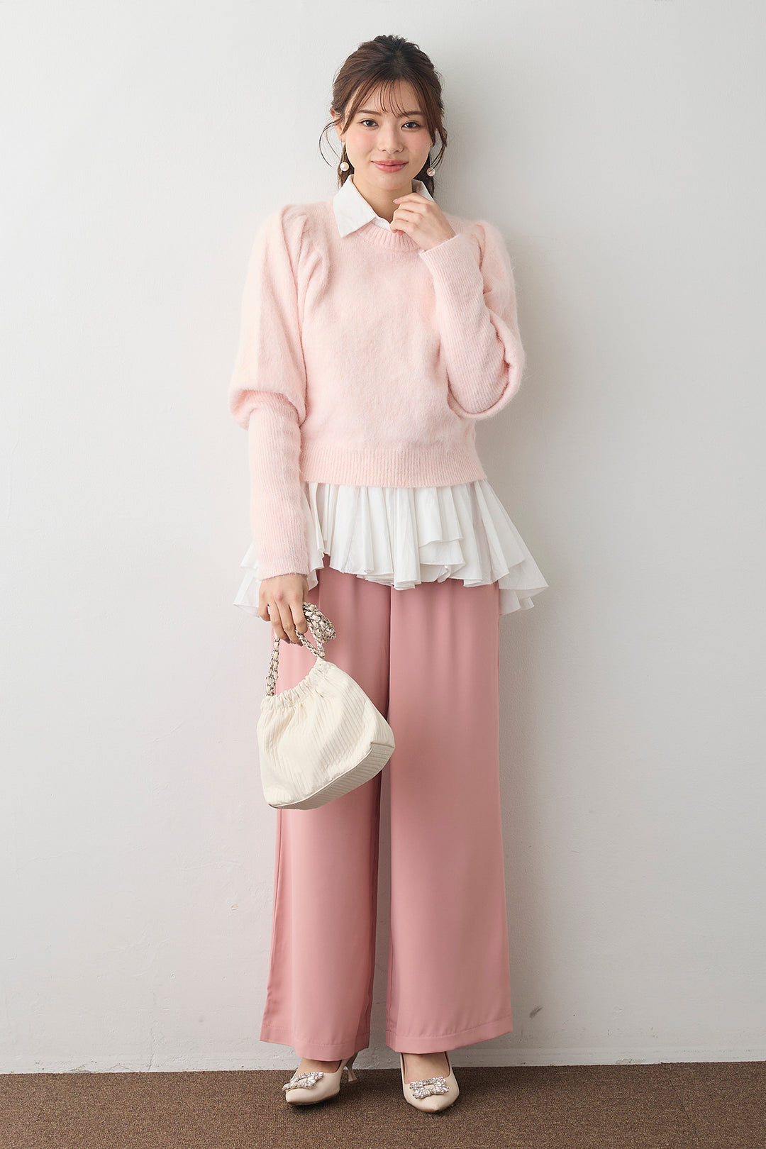 [予約/SET]モヘアパフスリーブプルオーバー+パネルフレアヘムシャツ+とろみドロストワイドパンツ(3set)