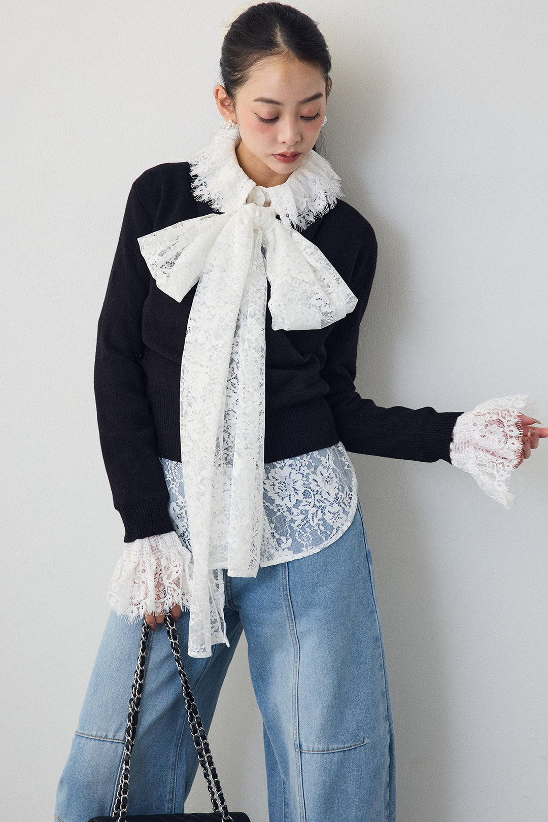 [予約/SET]クラシカルレースボウタイブラウス+カシュクールデザインニット(2set)