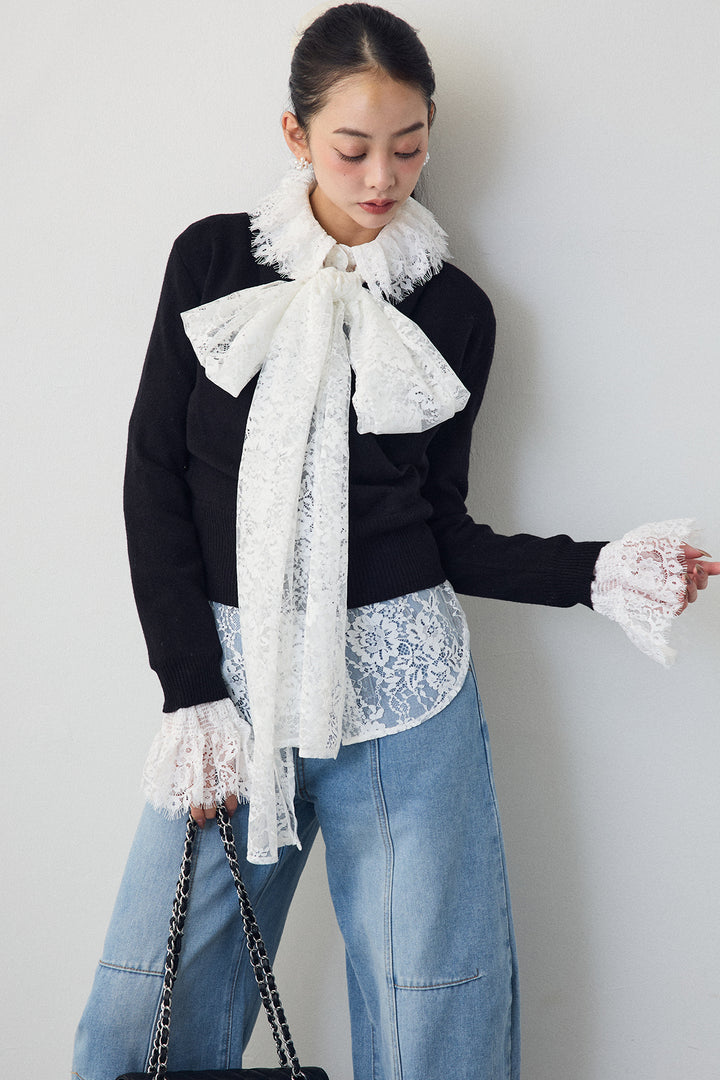 [予約/SET]クラシカルレースボウタイブラウス+カシュクールデザインニット(2set)