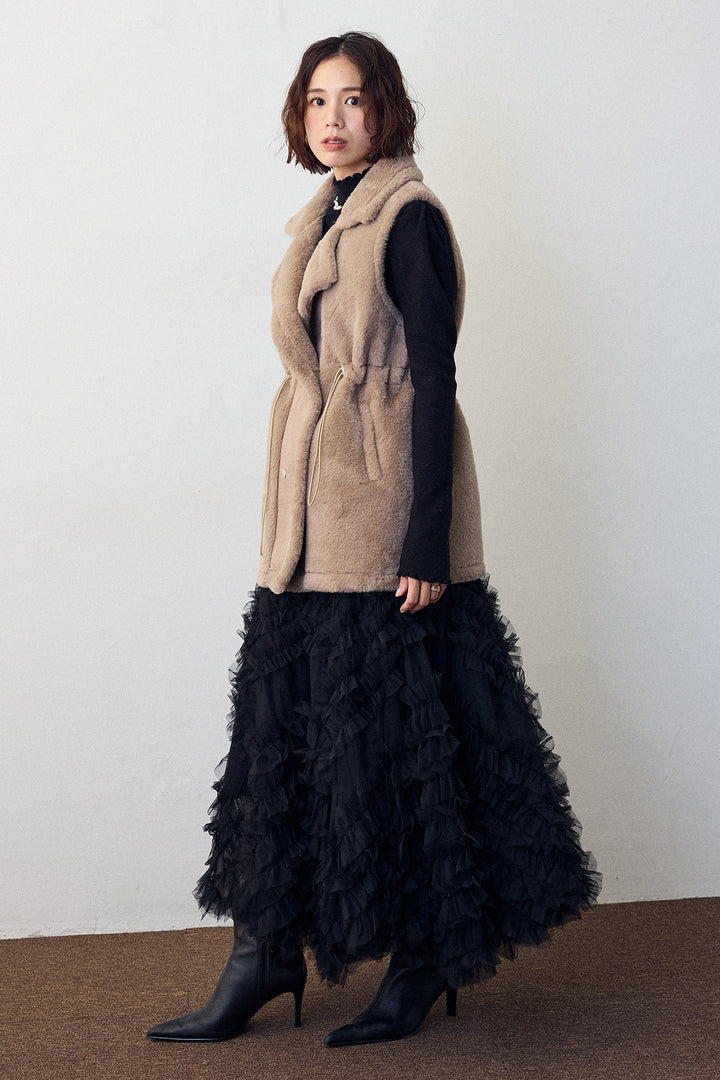 [予約/SET]ネックショルダーパールポイントニット+テディボアウエストドロストベスト+スフレアシメチュールスカート(3set)