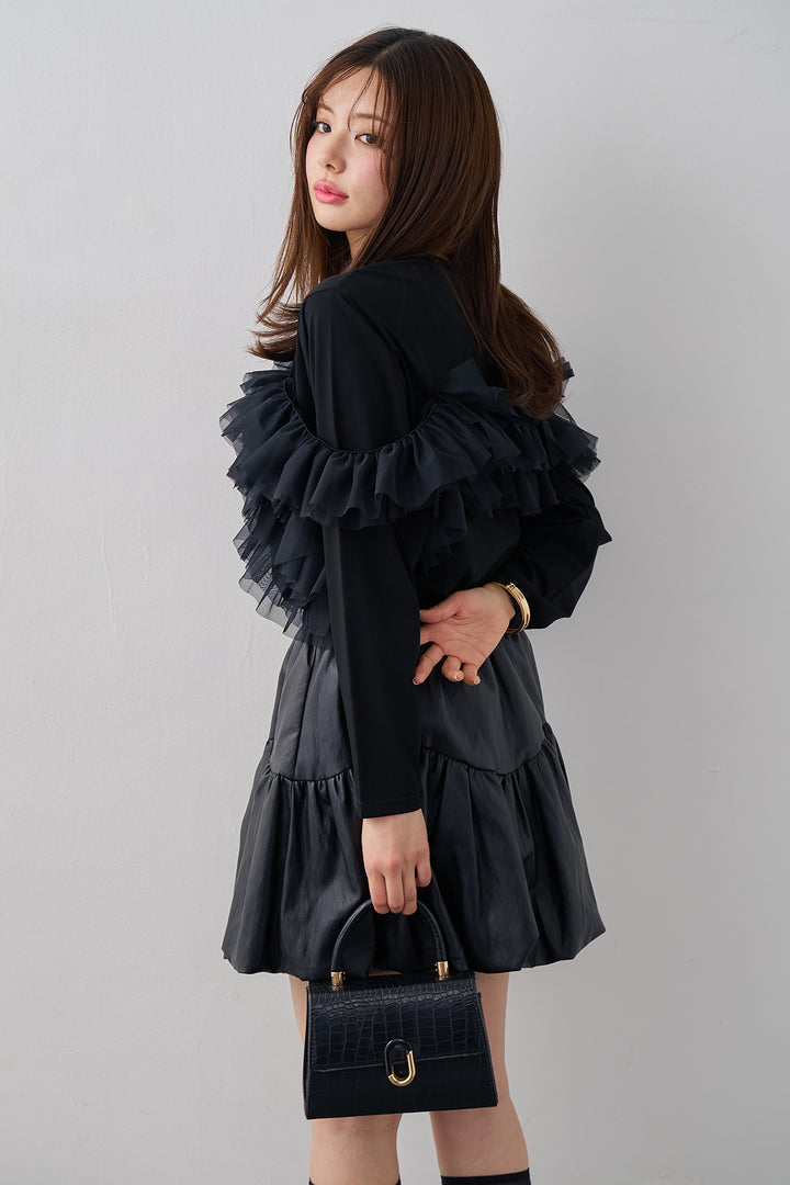 [予約/SET]マルチwayフリルカットトップス+フェイクレザーティアードバルーンミニスカート(2set)