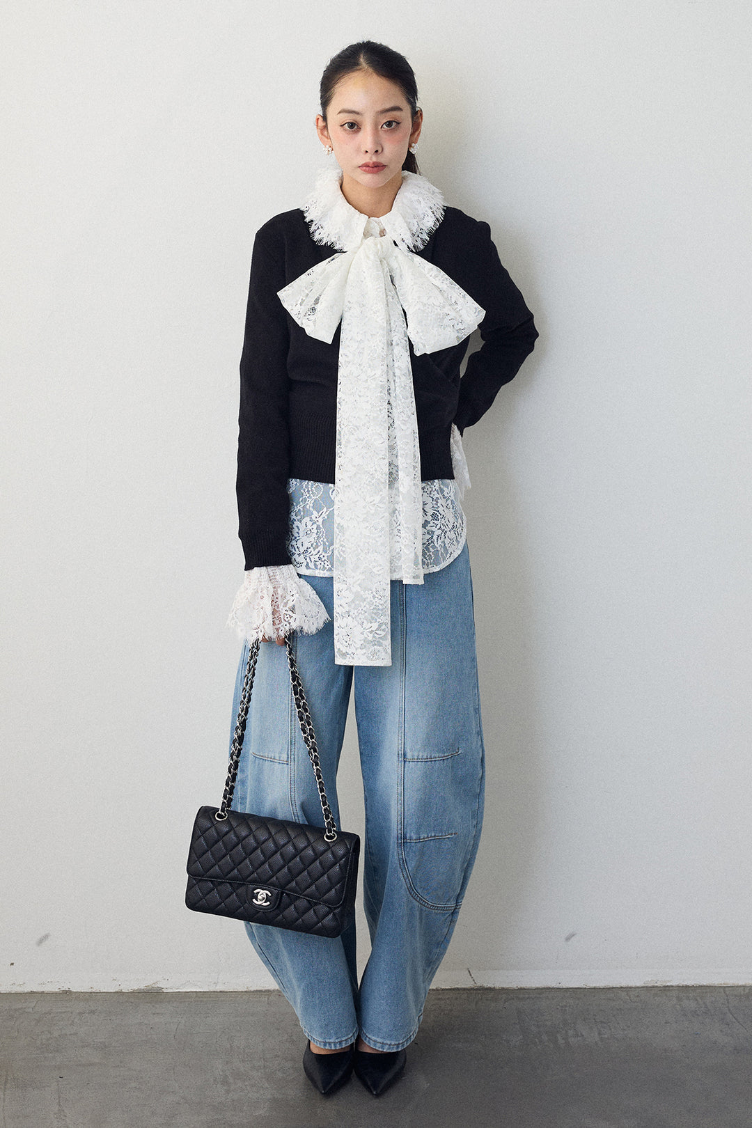 [予約/SET]クラシカルレースボウタイブラウス+カシュクールデザインニット+ステッチ美ラインカーブデニムパンツ(3set)