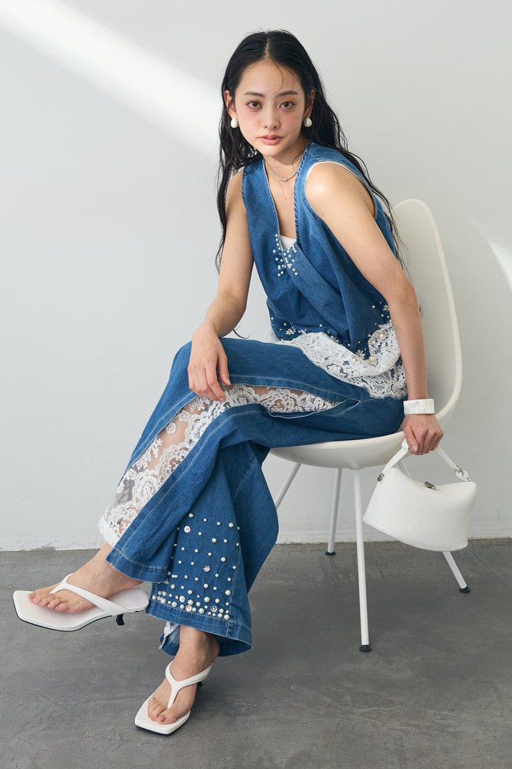 [予約]レースデコラティブパールデニムセットアップ