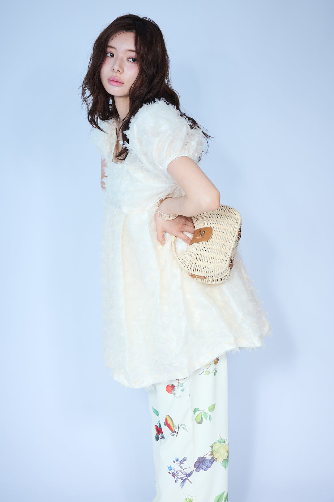 [予約/SET]フラワージャカードパフスリーブチュニック+フルーツパターンストレートパンツ(2set)