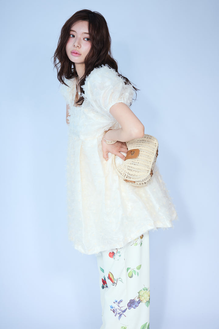 [予約/SET]フラワージャカードパフスリーブチュニック+フルーツパターンストレートパンツ(2set)