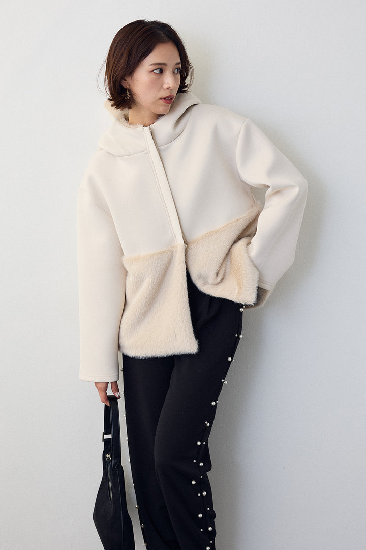 [予約/SET]ボンディングファーフーディー異素材ジャケット+サイドパール裾タックジョガーパンツ(2set)