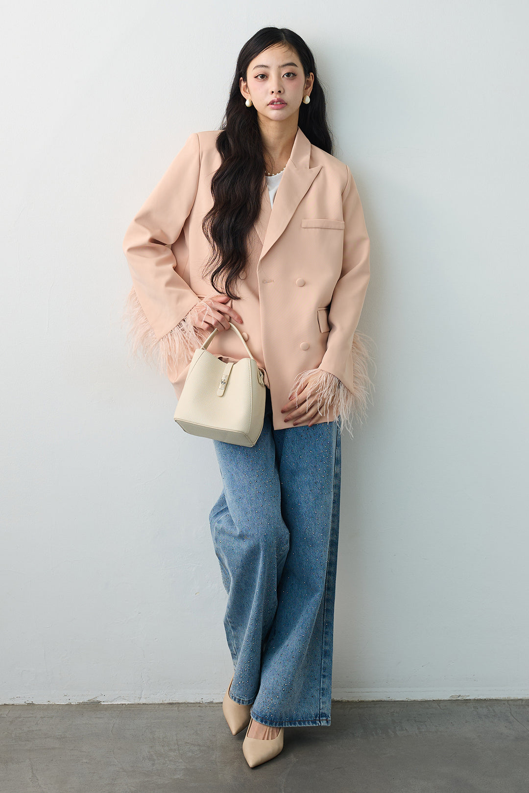 [予約/SET]エアリーファザーレディライクジャケット+ラインストーンストレートデニム(2set)