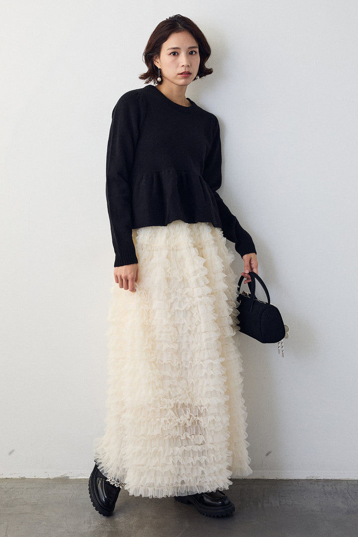 [予約/SET]アルパカタッチバルーンヘムニットプルオーバー+ホイップチュールティアードスカート(2set)