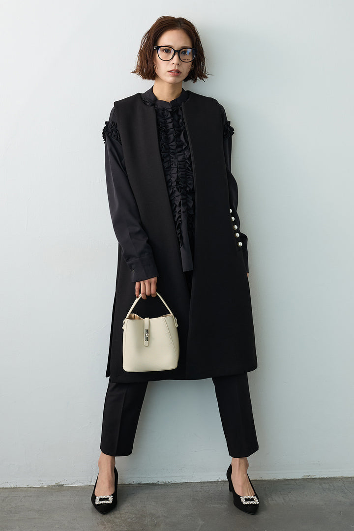 [予約/SET]Iラインフリルホイップブラウス+ポケットパール付きボンディングロングベスト(2set)