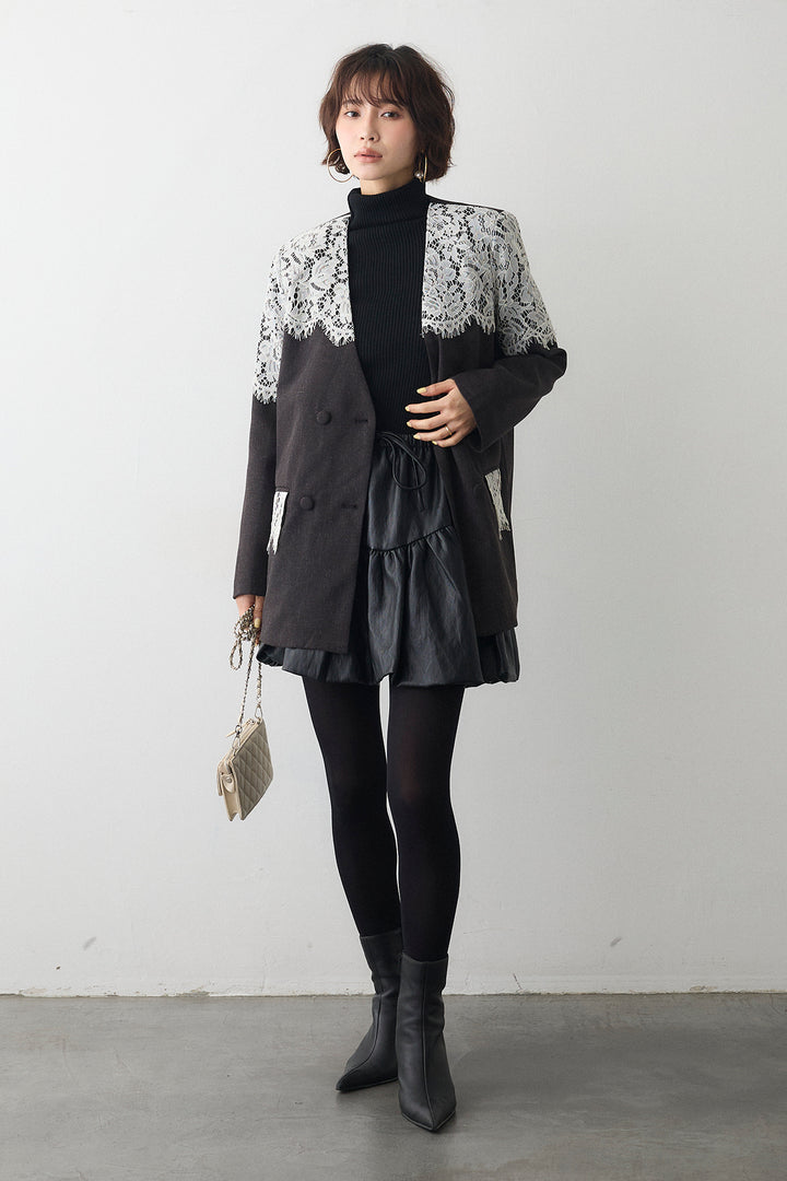 [予約/SET]ショルダーレースデザインジャケット+フェイクレザーティアードバルーンミニスカート(2set)