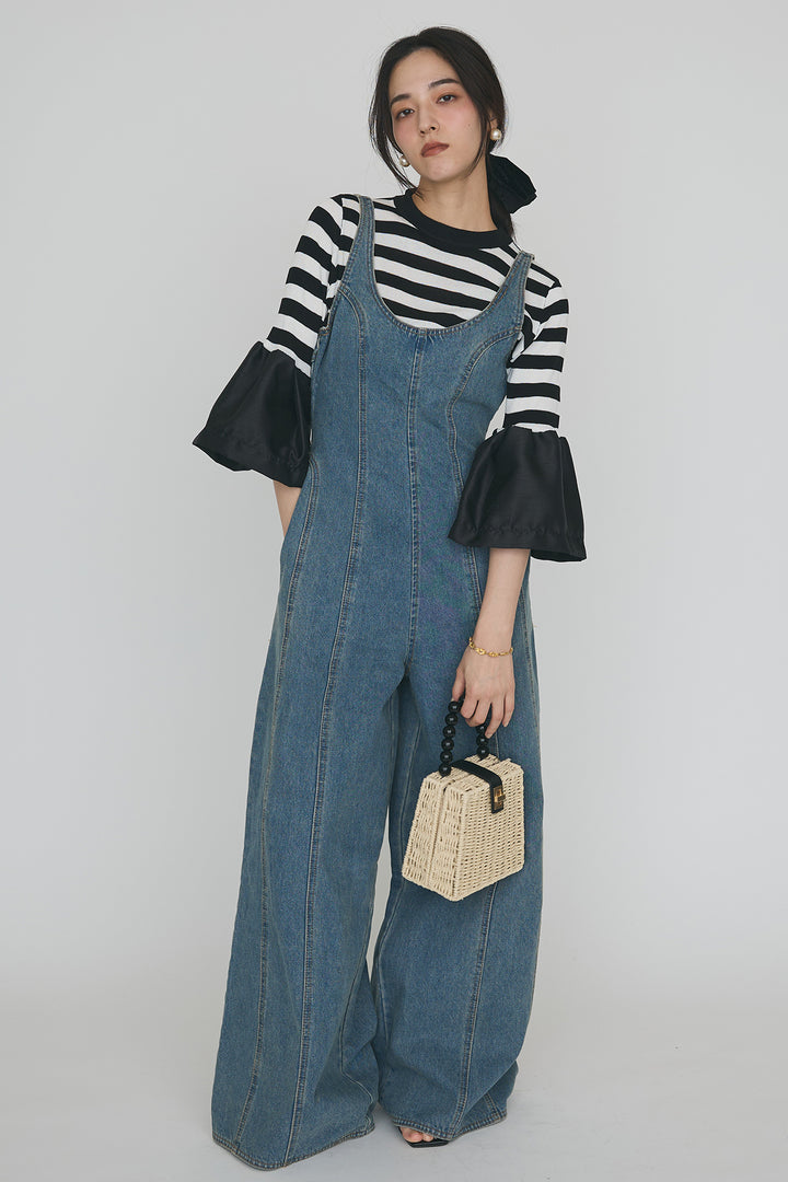 [予約/SET]タックフレア異素材ドッキングニットPO+美ラインデニムサロペット(2set)