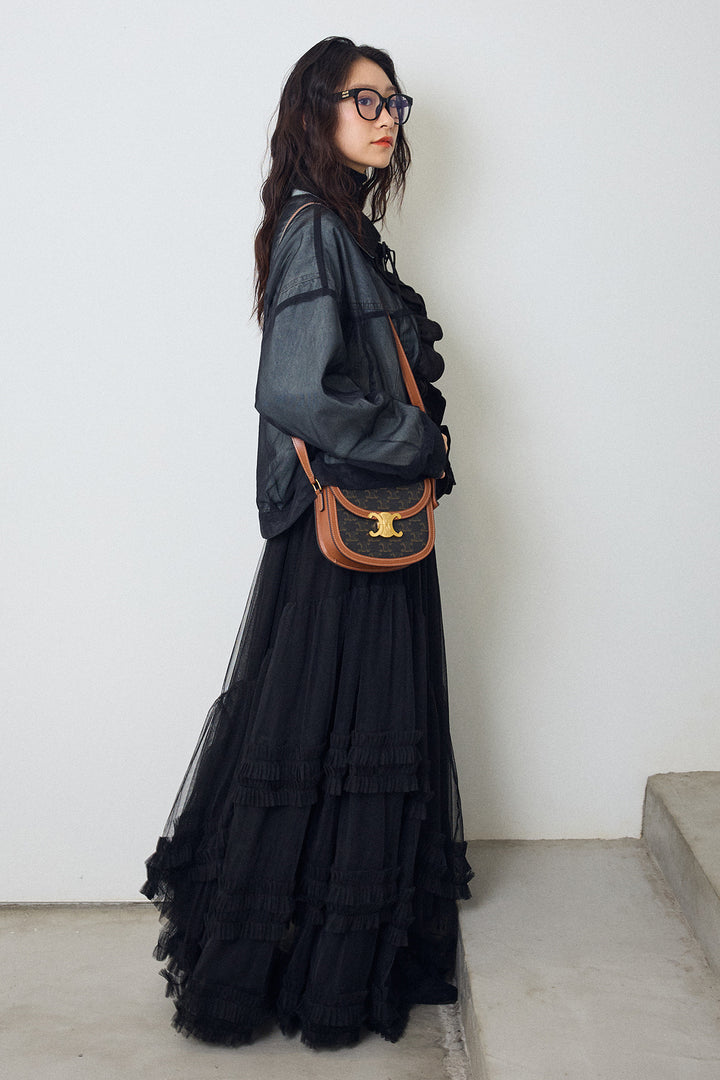 [予約/SET]デニム×チュールレイヤードフリルジャケット+フェアリードレープチュールスカート(2set)