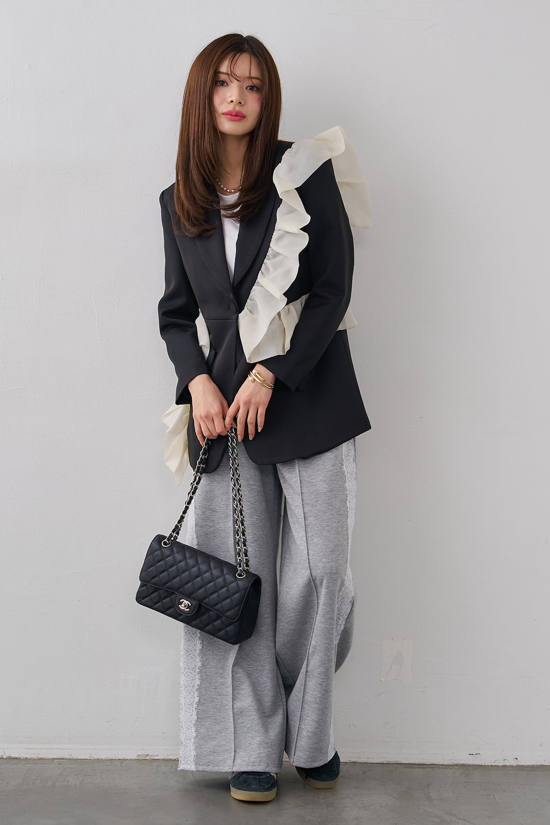 [予約/SET]アシメフリルマニッシュジャケット+サイドレースWフェイスカットソーパンツ(2set)