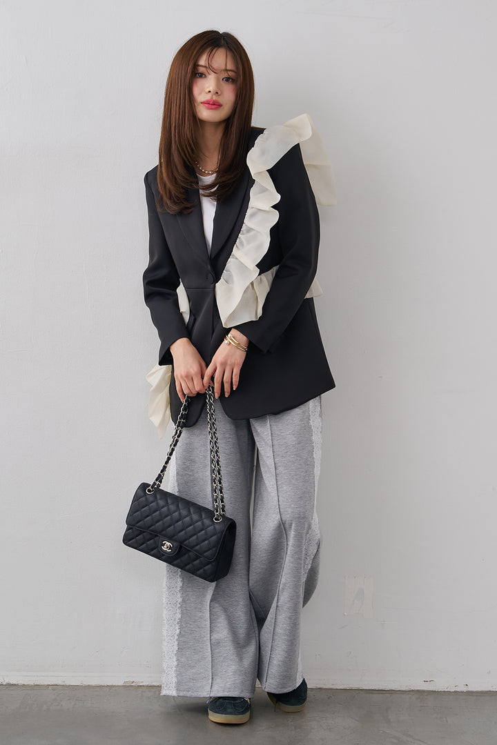 [予約/SET]アシメフリルマニッシュジャケット+サイドレースWフェイスカットソーパンツ(2set)