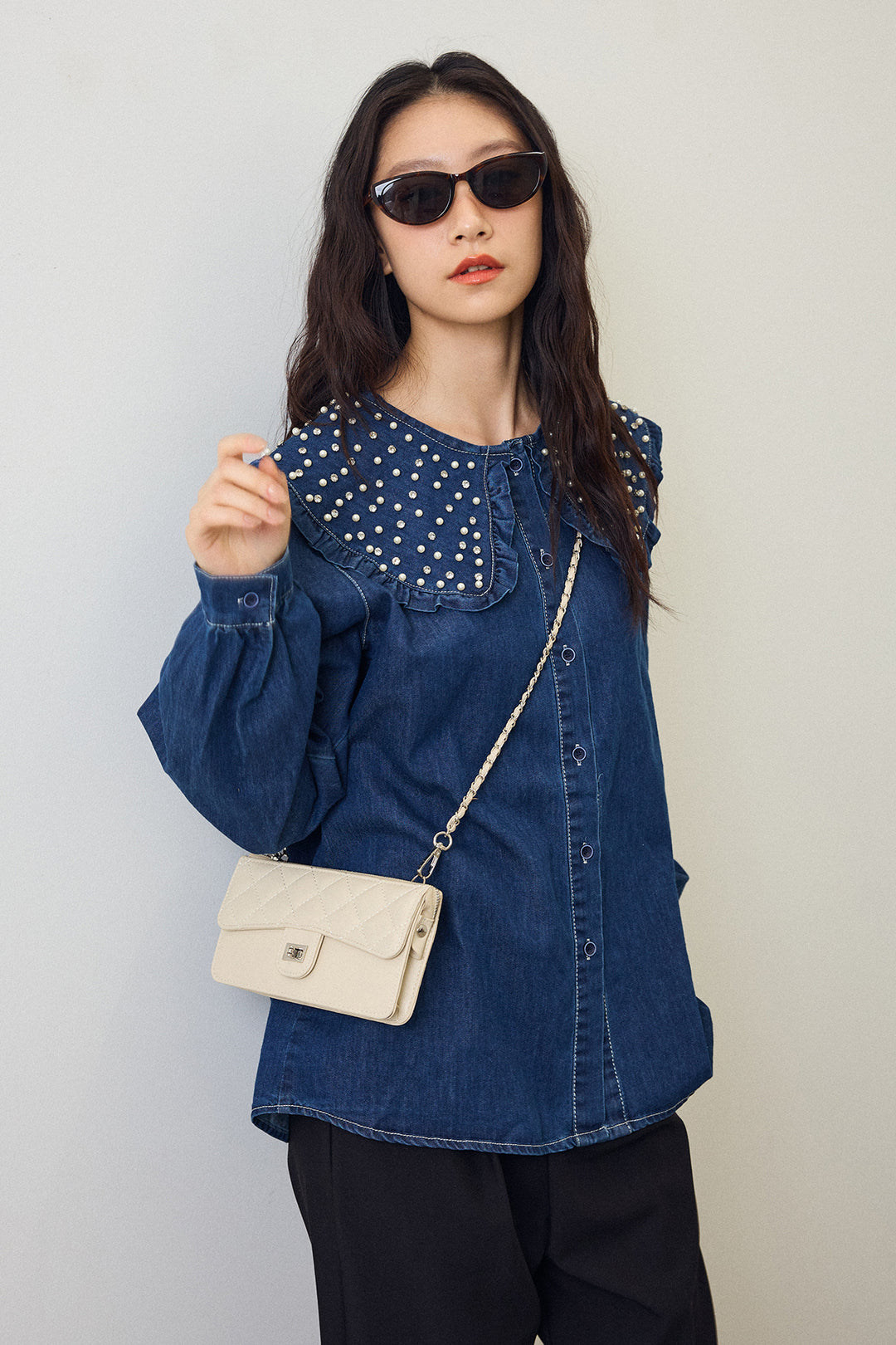 [予約/SET]パールBIGカラーデニムシャツ+タックテーパードパンツ(2set)