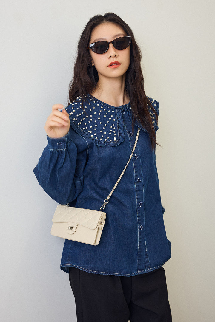 [予約/SET]パールBIGカラーデニムシャツ+タックテーパードパンツ(2set)