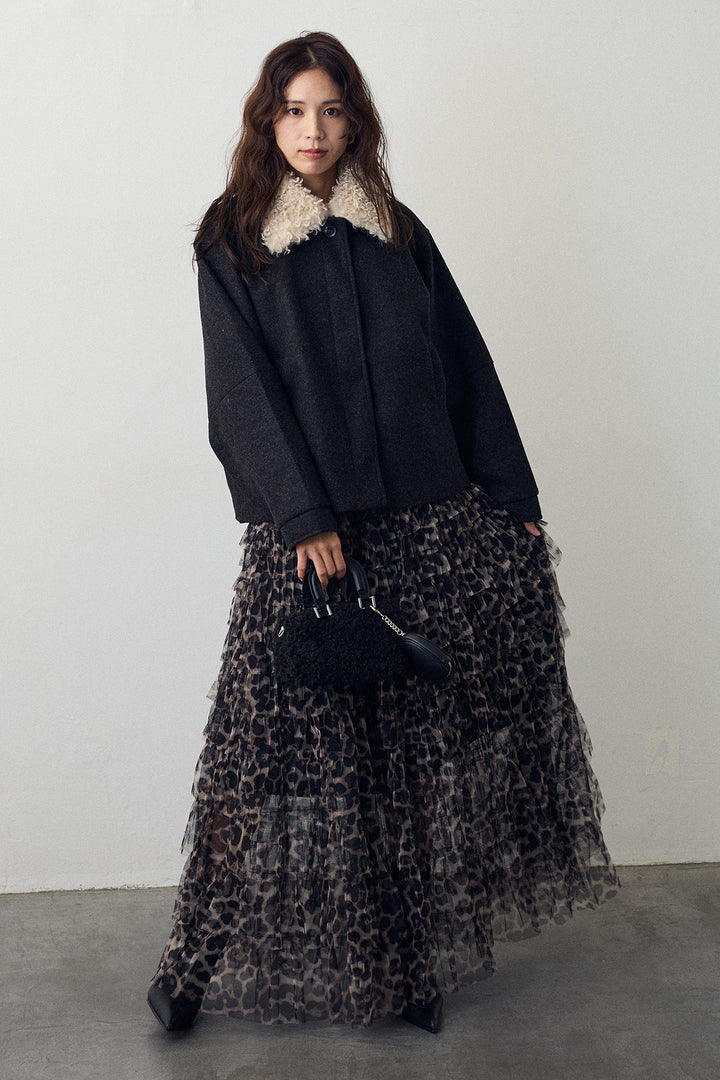 [予約/SET]プードル襟2wayコート+レオパードチュールティアードスカート(2set)