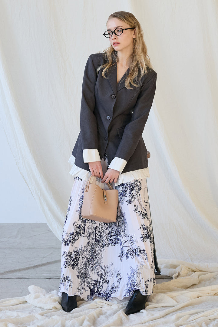 [予約/SET]プリンセスラインフリルドッキングジャケット+モノトーントワル柄プリーツスカート(2set)