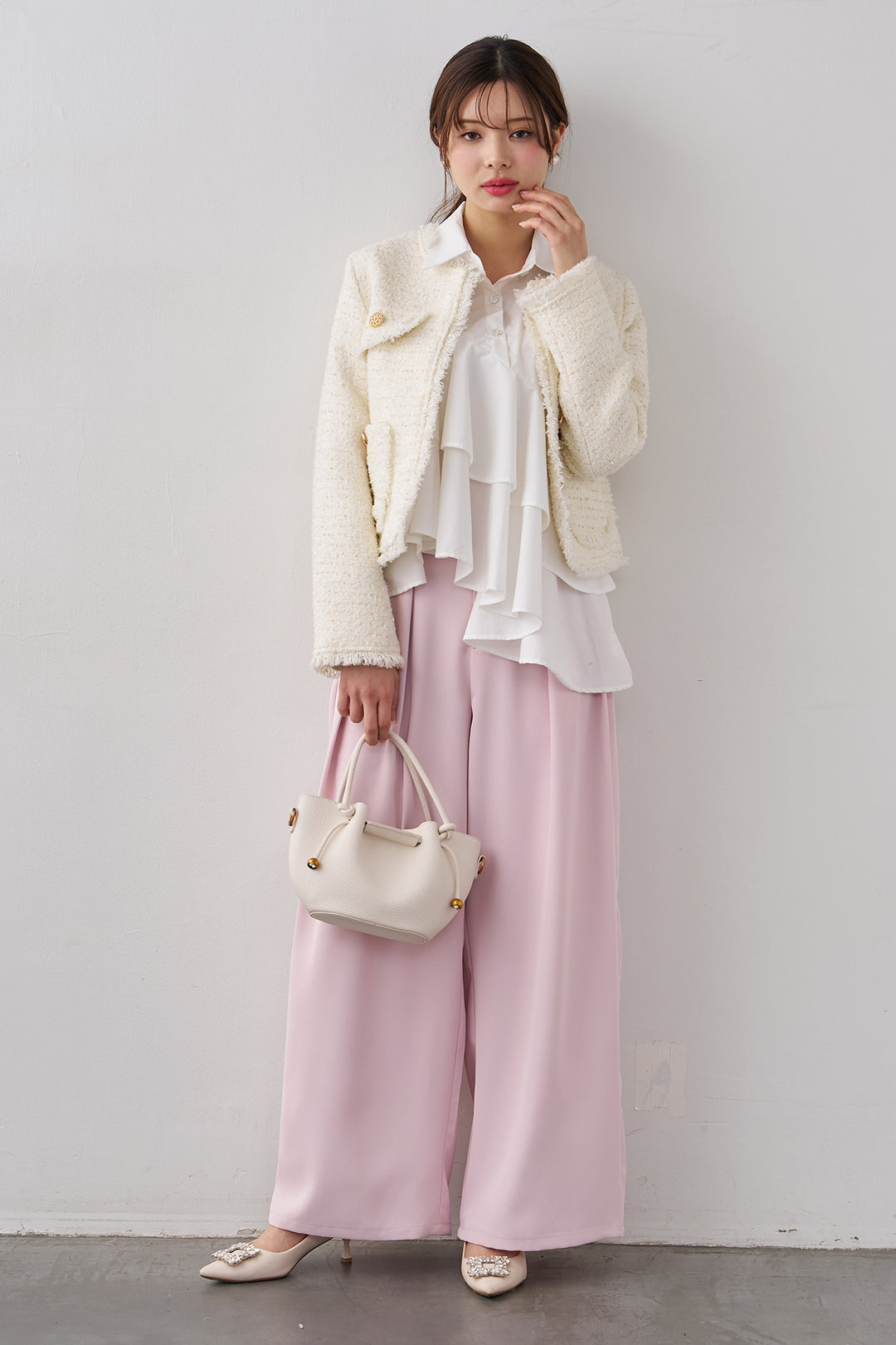 [予約/SET]フリンジツイードゴールドボタンジャケット+エステルツイルタックワイドカラーパンツ(2set)