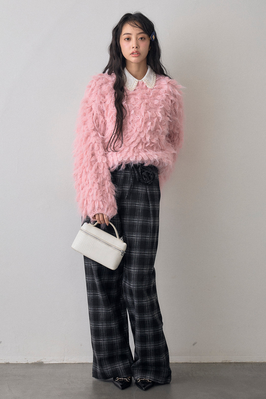 [予約/SET]ループシャプルオーバーニット+クラシカルチェックフラワーモチーフ付きパンツ(2set)