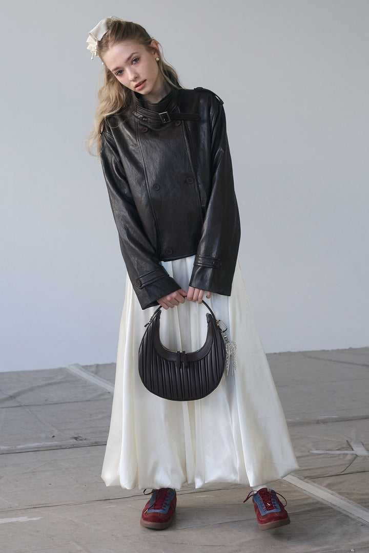 [予約/SET]レザーライククロップドジャケット+サテンシャイニーバルーンスカート(2set)