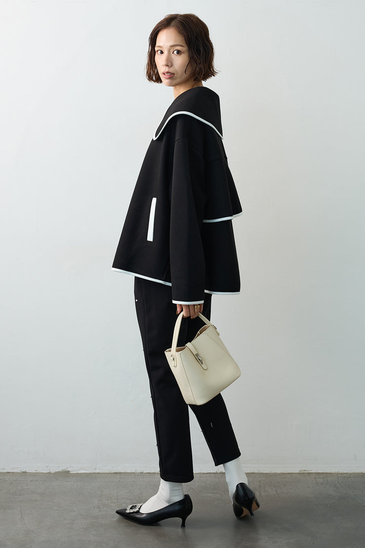 [予約/SET]バイカラーボンディング襟付きコート+センターシームランダムパールパンツ(2set)