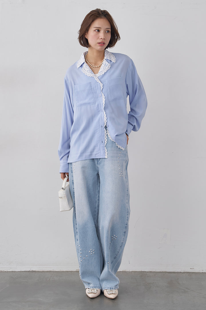 [予約/SET]クラシックレーストリムブラウス+スタッズアシメカーブデニムパンツ(2set)