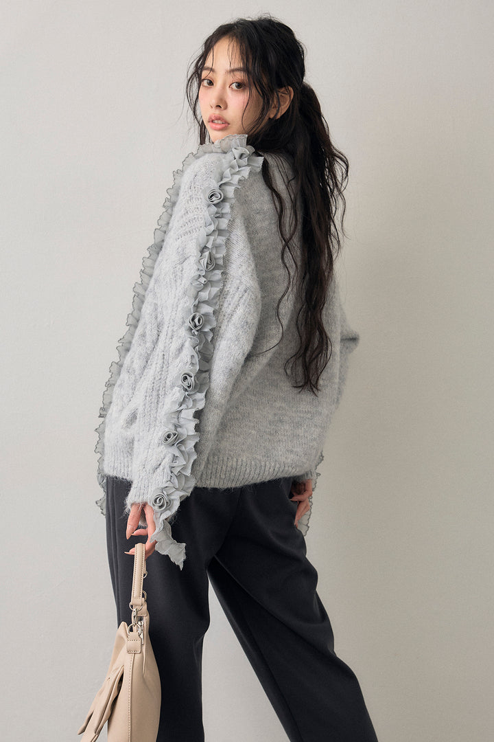 [予約/SET]フリルローズドッキングニットカーデ+ウォームセンタープレス美ラインテーパードパンツ(2set)