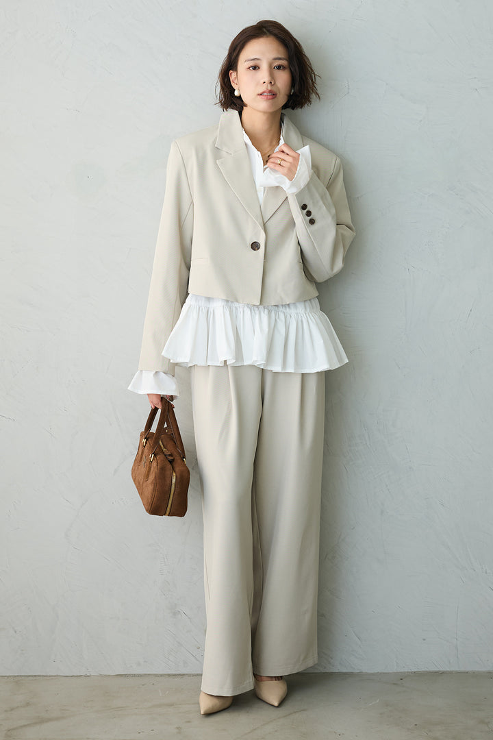 [予約/SET]フリルヘムスリーブブラウス+クロップドマニッシュシンプルジャケット+ツイルシンプルストレートパンツ(3set)