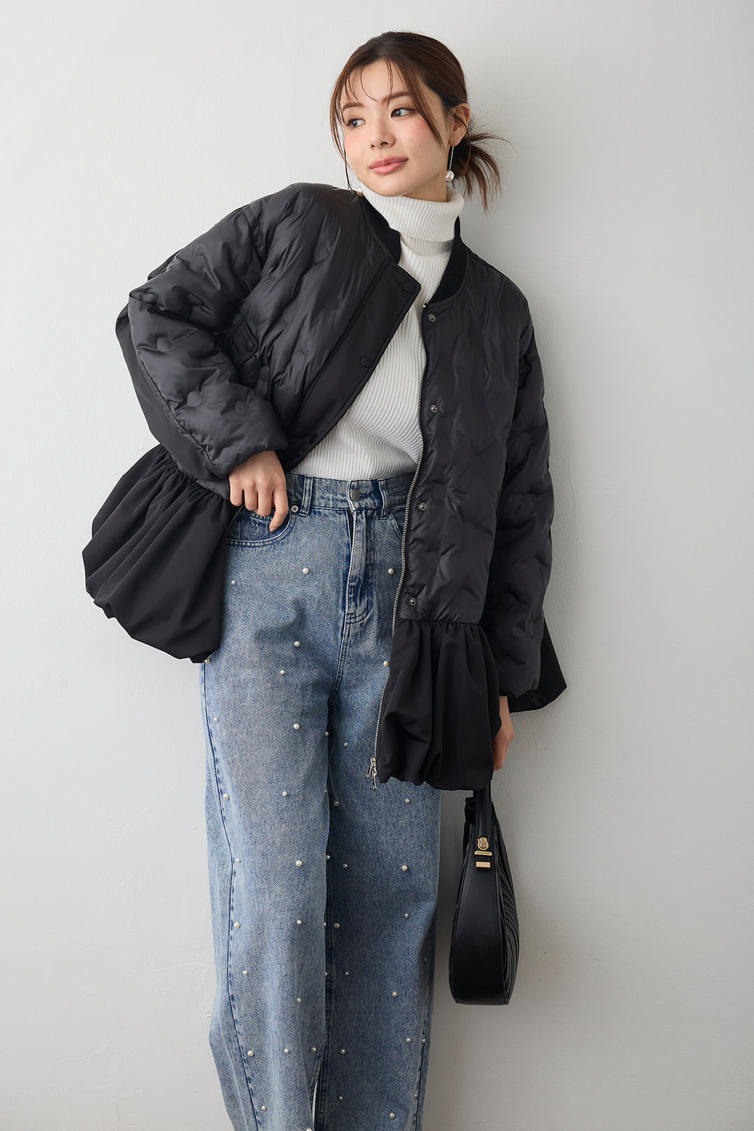 [予約/SET]ヘムギャザードットキルティング中綿フレアコート+パールスタッズストレートハイウエストデニム(2set)