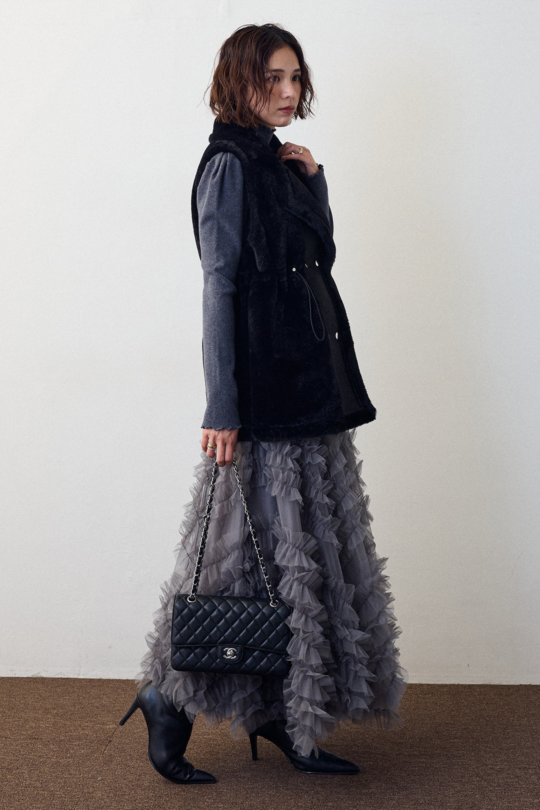 [予約/SET]テディボアウエストドロストベスト+スフレアシメチュールスカート(2set)