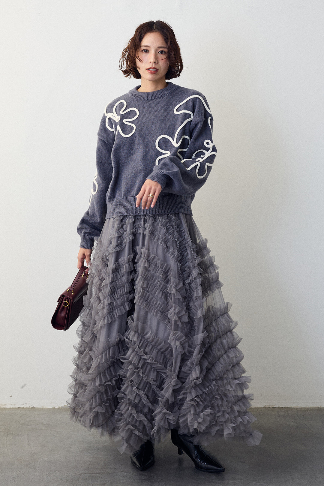 [予約/SET]コードフラワーニットプルオーバー+スフレアシメチュールスカート(2set)