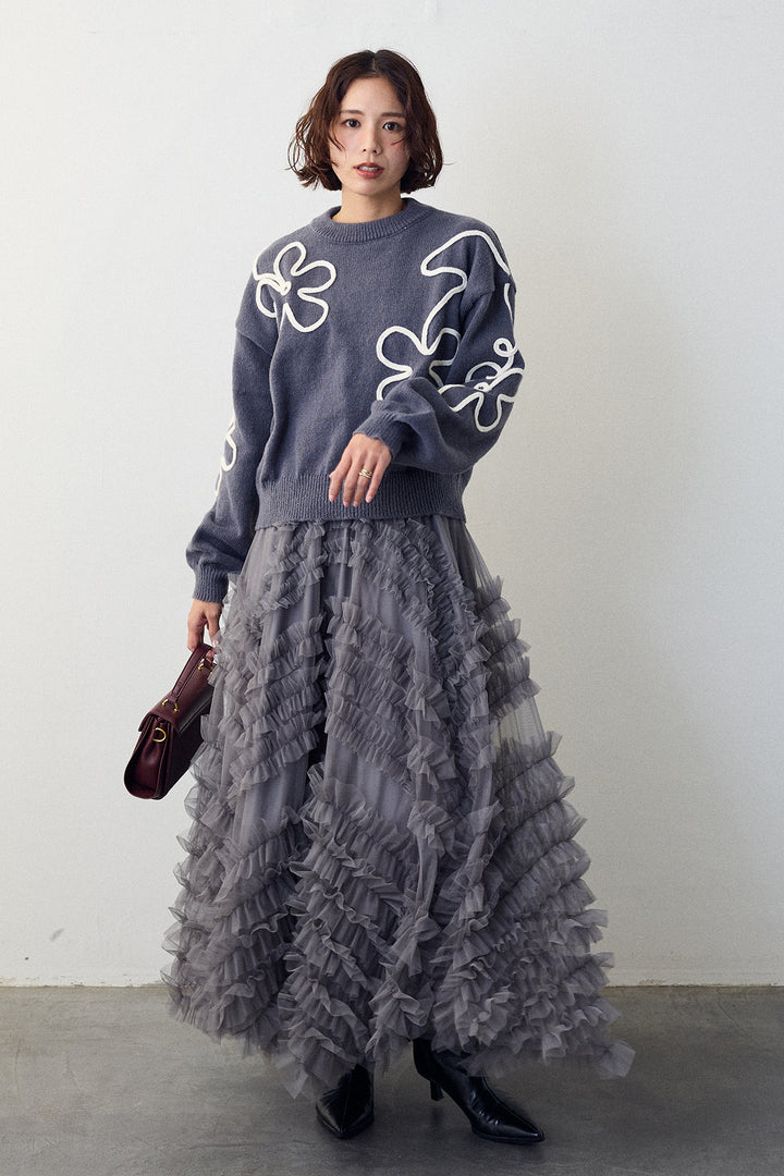 [予約/SET]コードフラワーニットプルオーバー+スフレアシメチュールスカート(2set)
