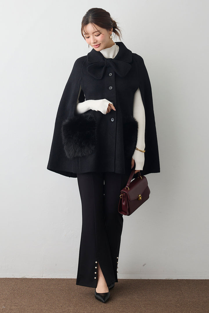 [予約/SET]ベーシックフィンガーホールリブニット+ウールタッチファーポケットポンチョコート(2set)