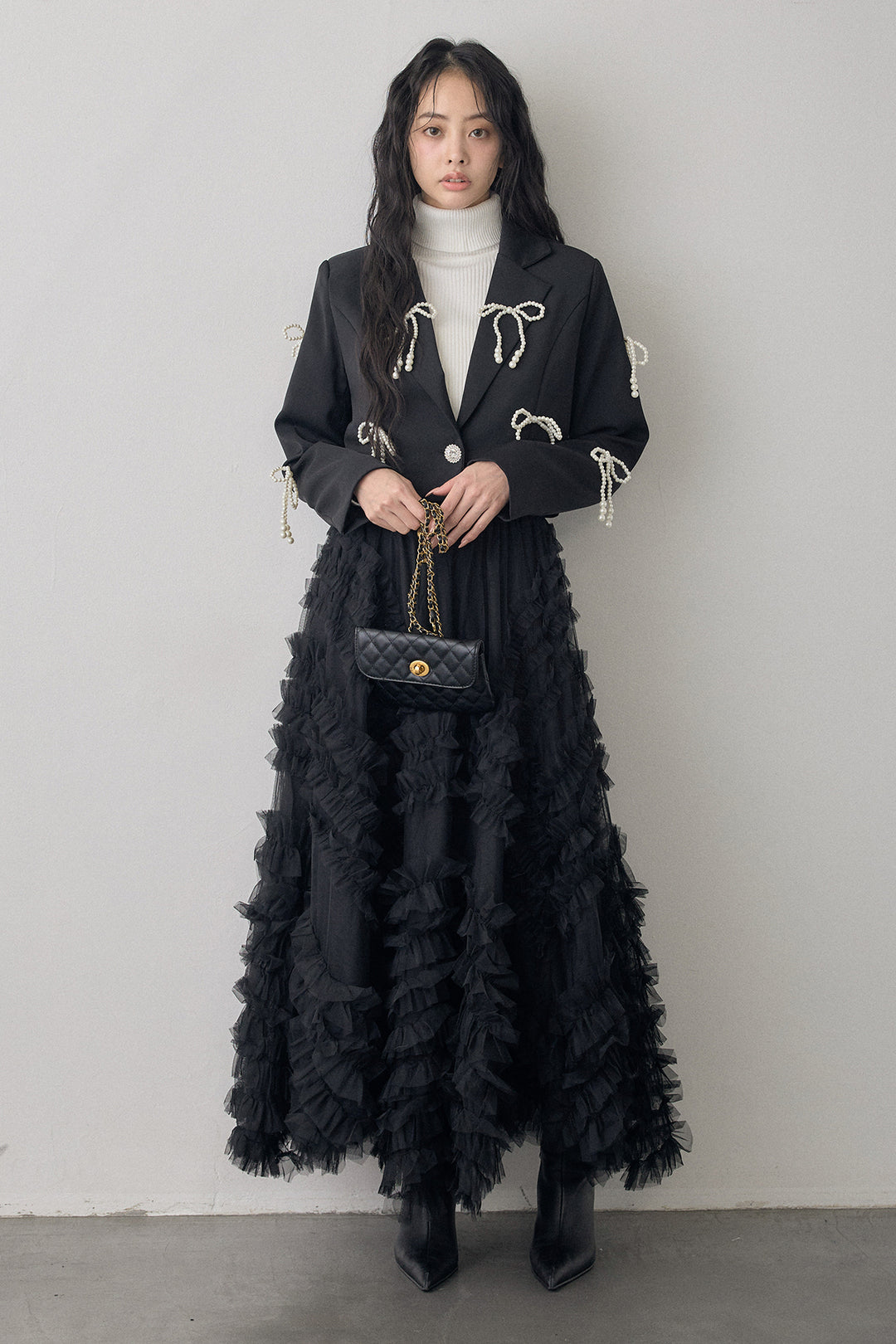 [予約/SET]ベーシックリブタートルニット+パールリボンクロップドジャケット+スフレアシメチュールスカート(3set)