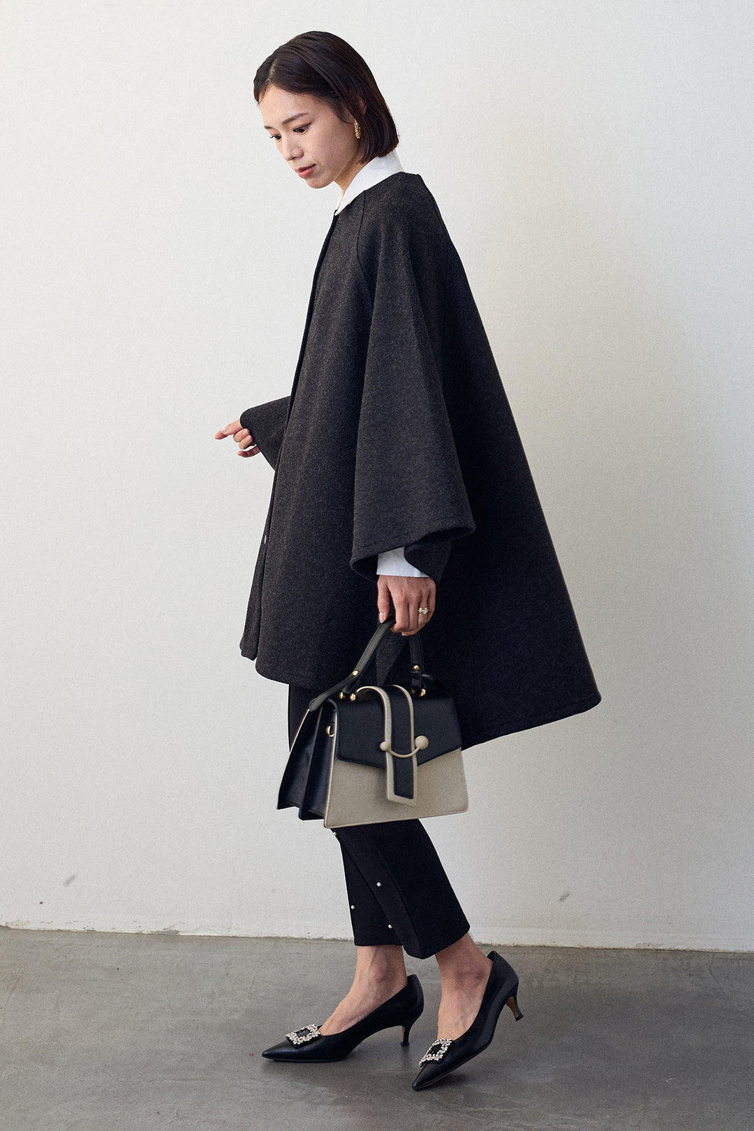 [予約/SET]パネルフレアヘムシャツ+ウールライクドルマンポンチョコート+センターシームランダムパールパンツ(3set)