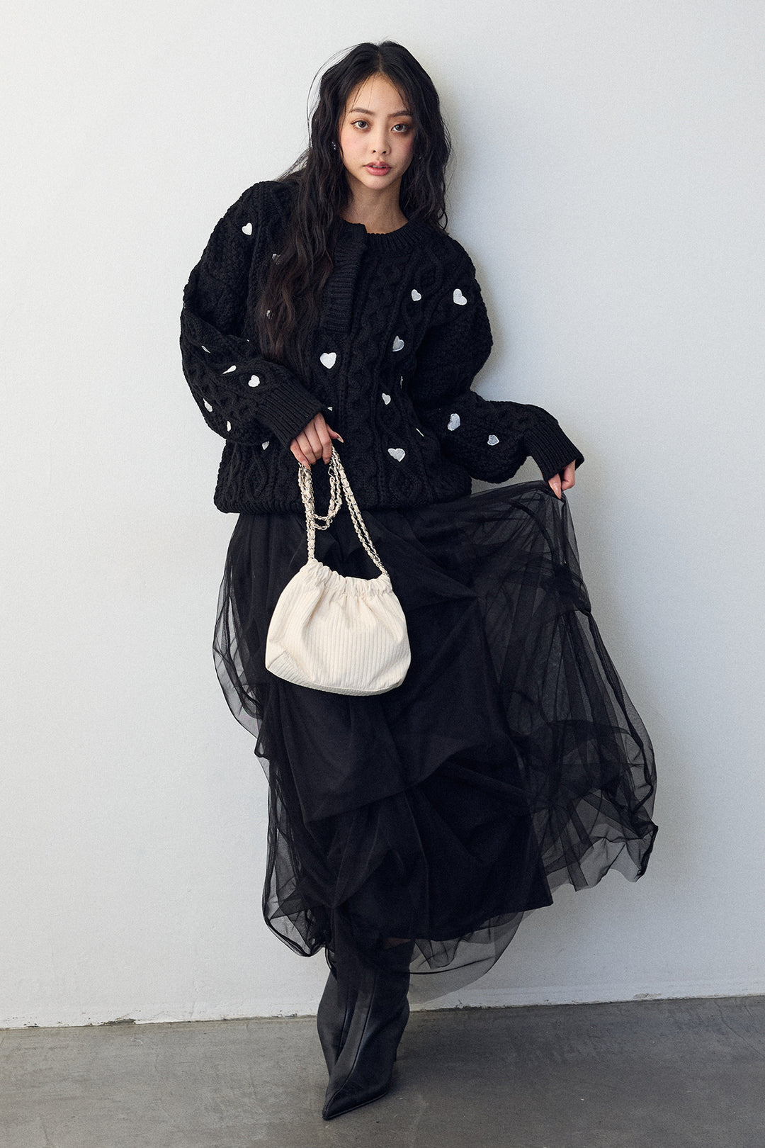 [予約/SET]ハート刺繍ケーブルデザインニット+マルチパターンタックチュールスカート(2set)