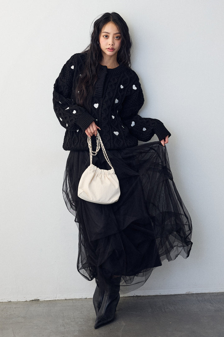 [予約/SET]ハート刺繍ケーブルデザインニット+マルチパターンタックチュールスカート(2set)