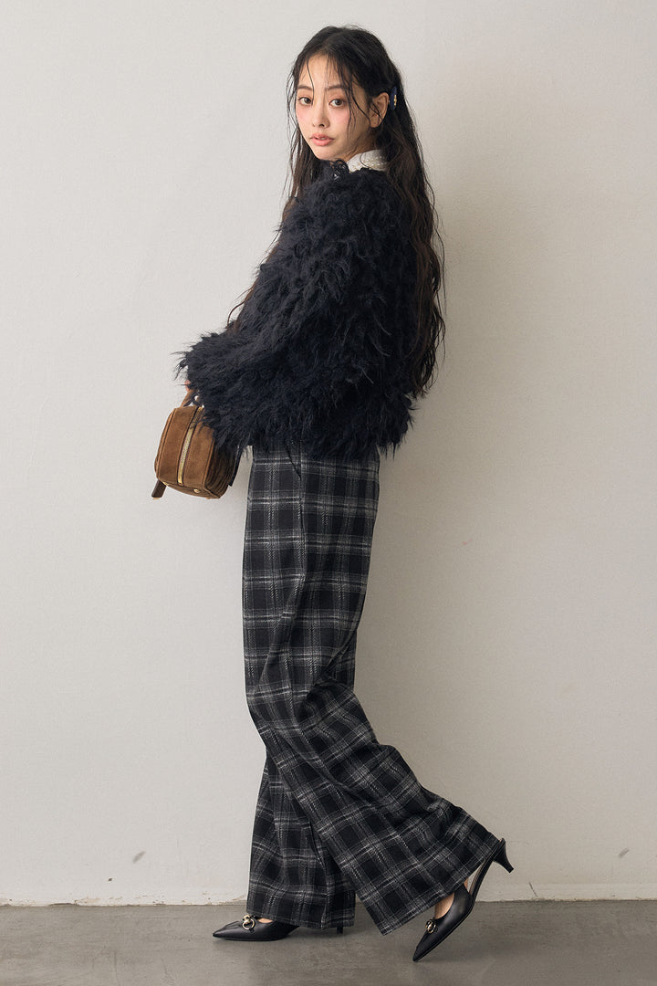 [予約/SET]2連パール付け襟+ループシャプルオーバーニット+クラシカルチェックフラワーモチーフ付きパンツ(3set)