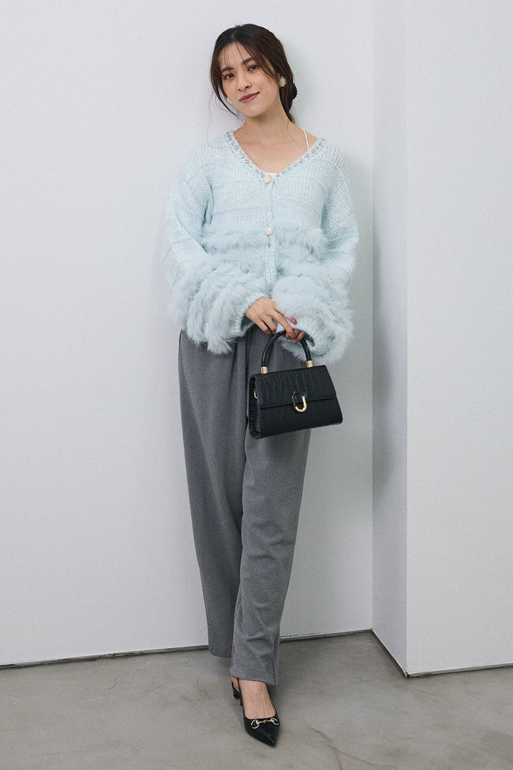 [予約/SET]ネックビジューラインファーニットカーデ+2タック美シルエットパンツ(2set)